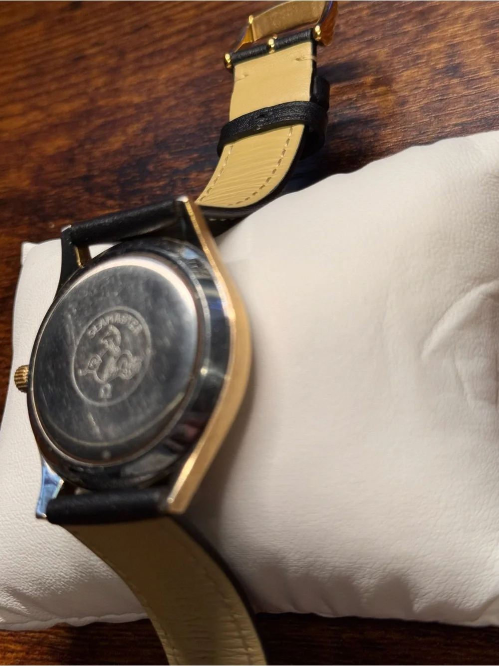 Omega Gold Dial Automatic Watch with Black Leather Strap
